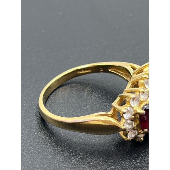 Vintage Vermeil Sterling Triple Oval Garnet Trilogy Engagement Ring Cz Diamond - Picture 8 of 11